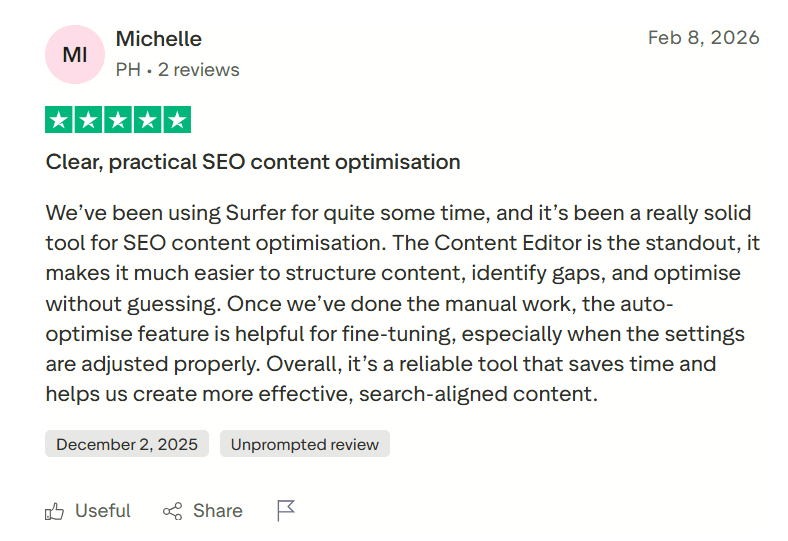 Surfer SEO Review trustpilot
