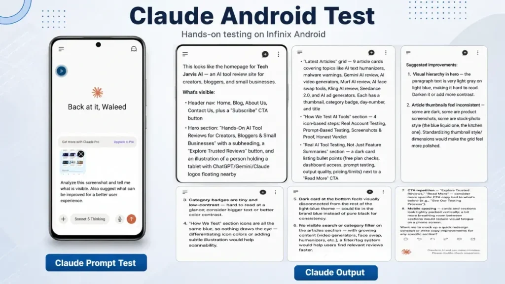 Claude Android app analyzing a Tech Jarvis AI website screenshot and suggesting improvements