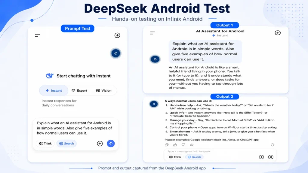 DeepSeek Android app explaining what an AI assistant is and how normal users can use it
