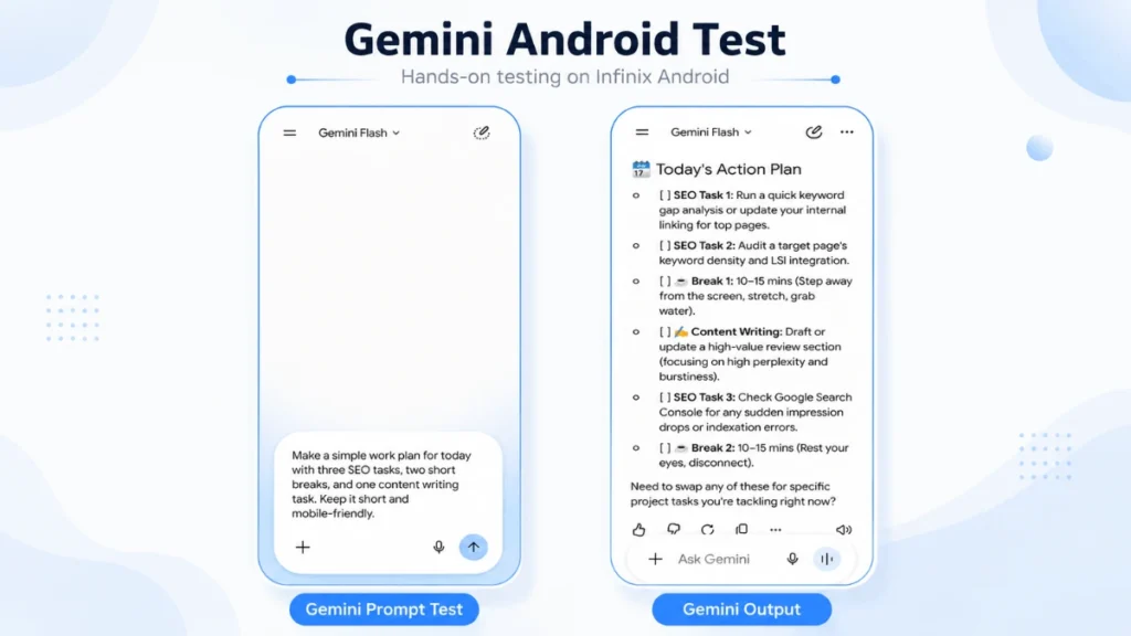 Gemini Android app creating a daily SEO work plan during hands-on testing on an Infinix phone