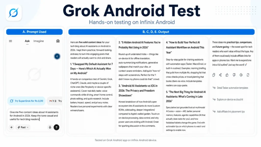 Grok Android app generating content ideas about AI assistants for Android in 2026