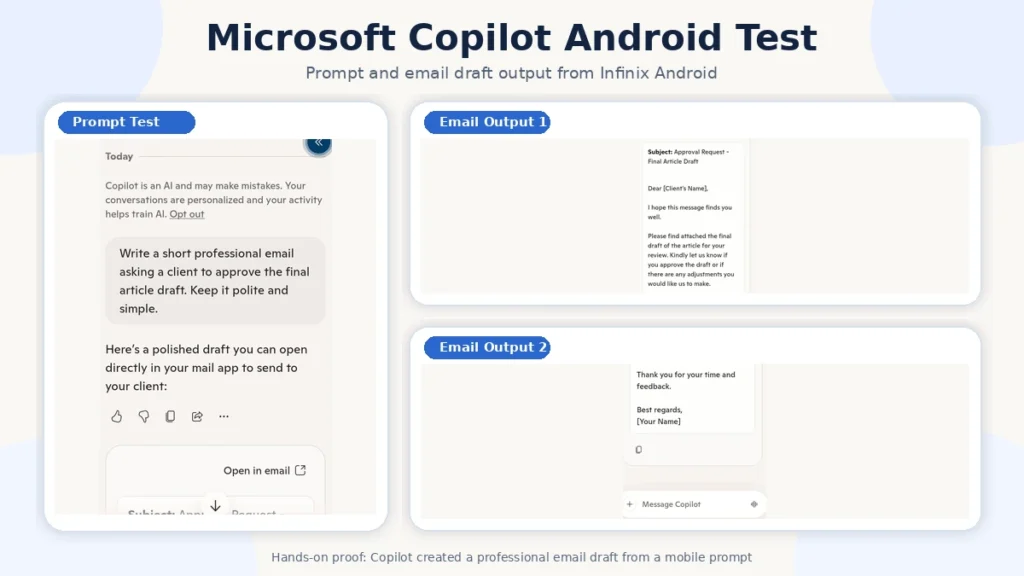 Microsoft Copilot Android app creating a professional client approval email draft during testing