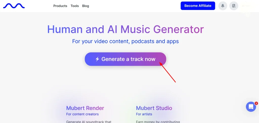 Mubert dashboard for AI background music generation