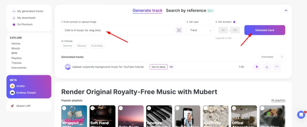 Mubert prompt test for chill lo-fi vlog intro background music
