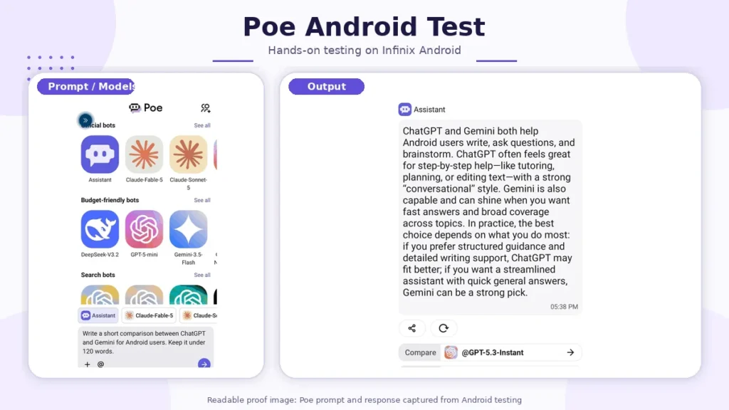 Poe Android app showing multiple AI models and comparing ChatGPT with Gemini for Android users