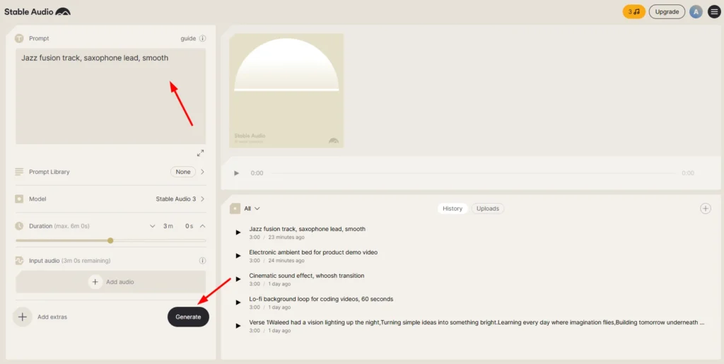 Stable Audio prompt history for lo-fi loops sound effects ambient music and jazz fusion