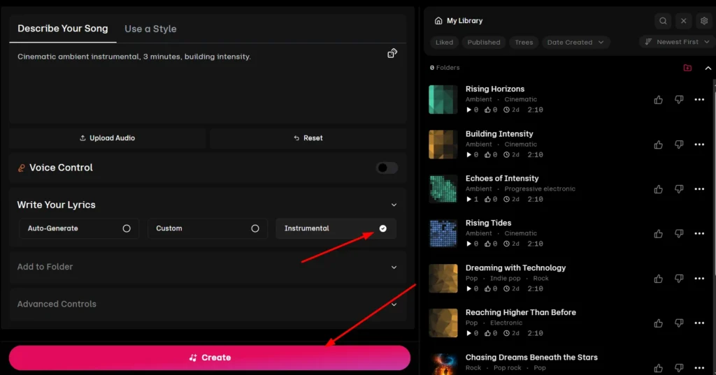 Udio cinematic instrumental prompt and generated music results
