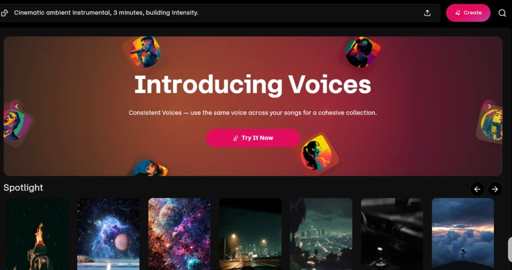 Udio dashboard prompt test for cinematic ambient instrumental music