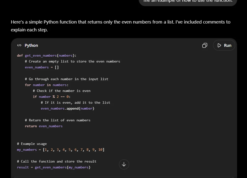 ChatGPT writing a beginner Python function to filter even numbers with comments and example output