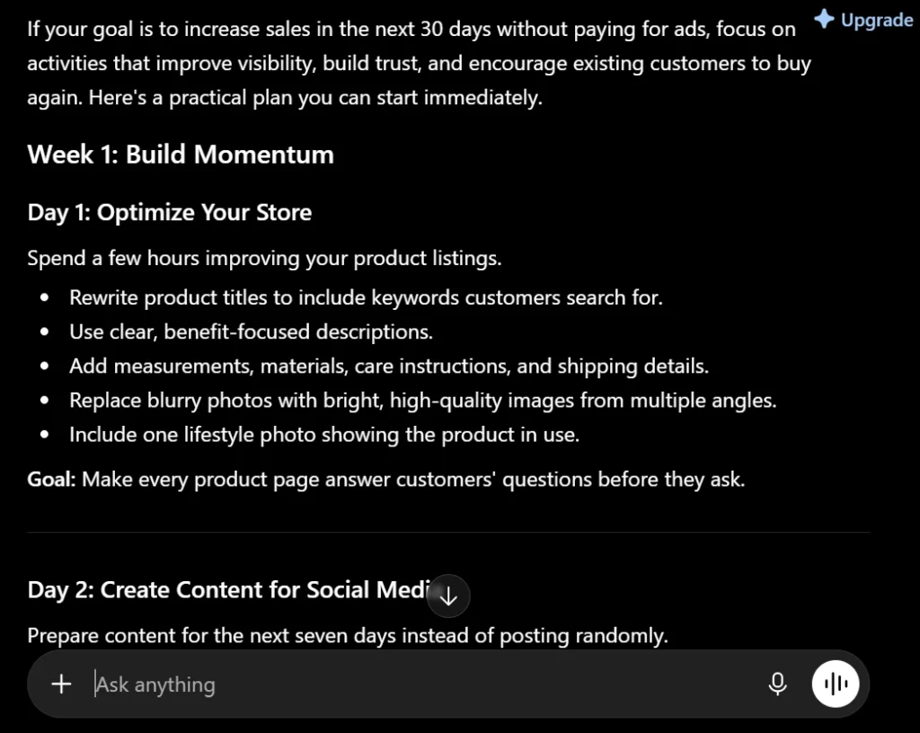ChatGPT free plan response showing a 30-day sales plan for a small handmade products business