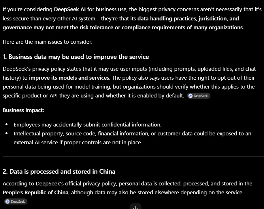 ChatGPT explaining DeepSeek business privacy risks including Chinese data storage concerns
