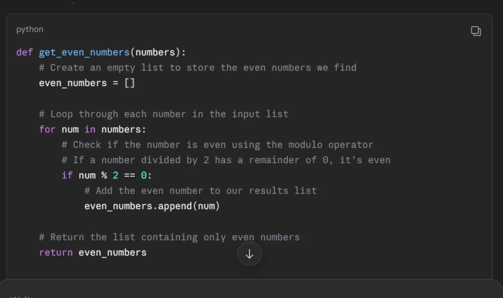 Claude producing a beginner-friendly Python even numbers function with comments and list comprehension version