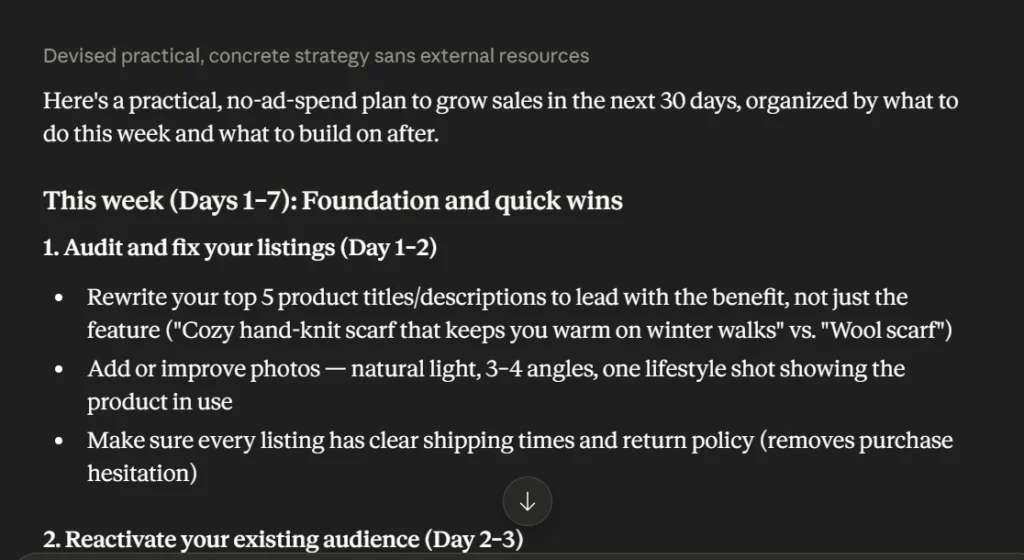 Claude AI free plan response with a practical 30-day sales plan focused on product listings and referrals