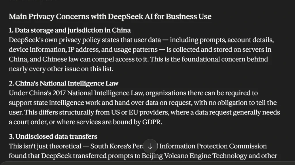 Claude giving the most detailed DeepSeek privacy analysis including security incidents and source transparency