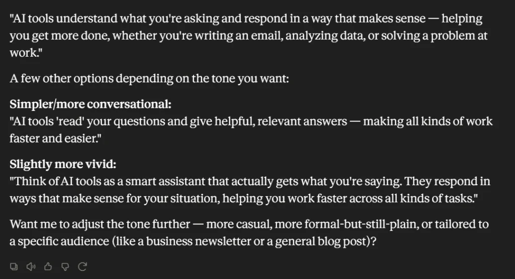 Claude rewriting a technical AI paragraph into clear natural language with tone variations