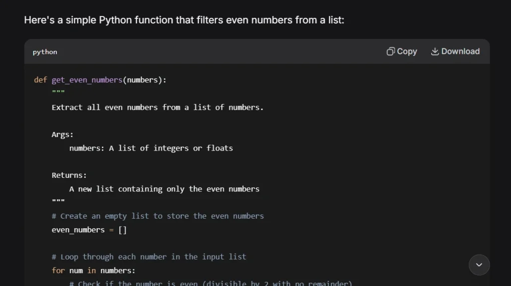 DeepSeek writing a working Python even numbers function with comments and a second solution included