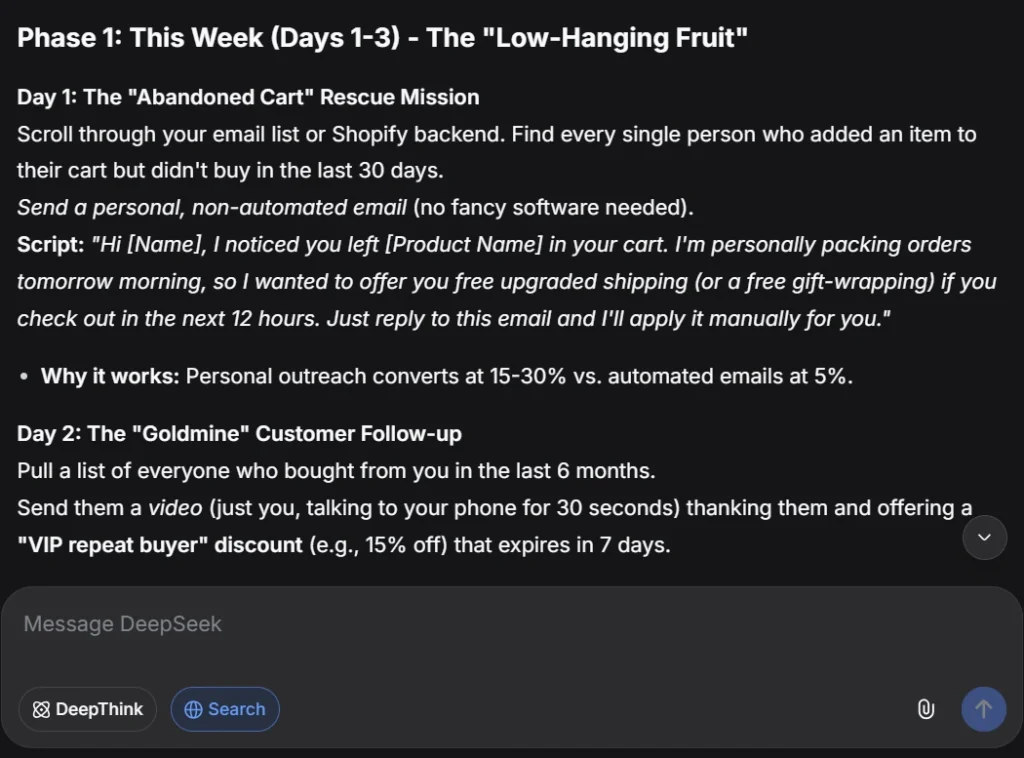 DeepSeek response showing a 30-day sales plan for a small handmade products business with abandoned cart emails and Pinterest suggestions