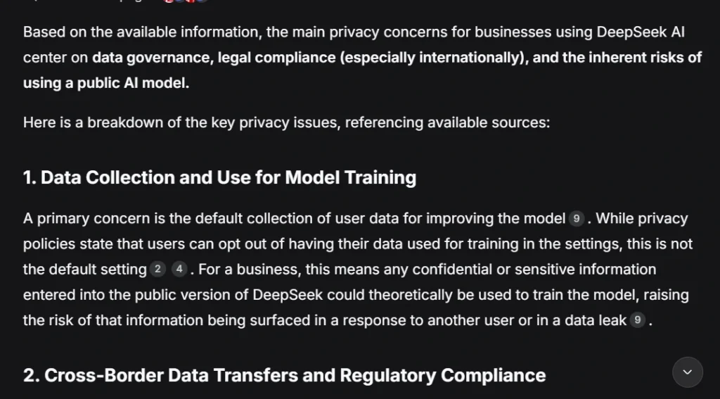 DeepSeek losing conversation context and returning the previous paragraph rewrite instead of answering the privacy research question