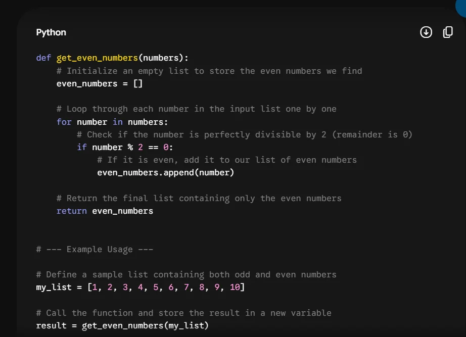 Google Gemini writing a focused beginner Python function with clear comments and expected output