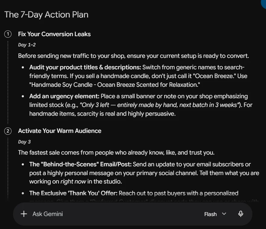Google Gemini free plan response showing a 30-day sales plan with product page and short video suggestions