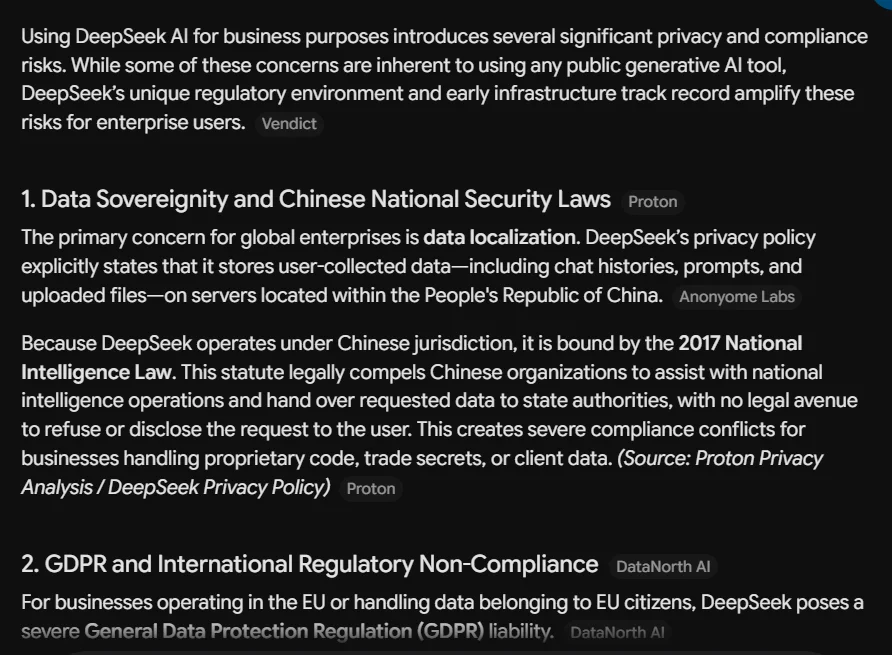Google Gemini covering DeepSeek privacy risks including GDPR concerns and Chinese data storage