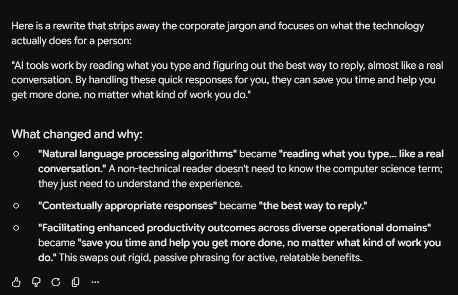 Google Gemini rewriting a complex paragraph into plain language with a brief explanation of changes