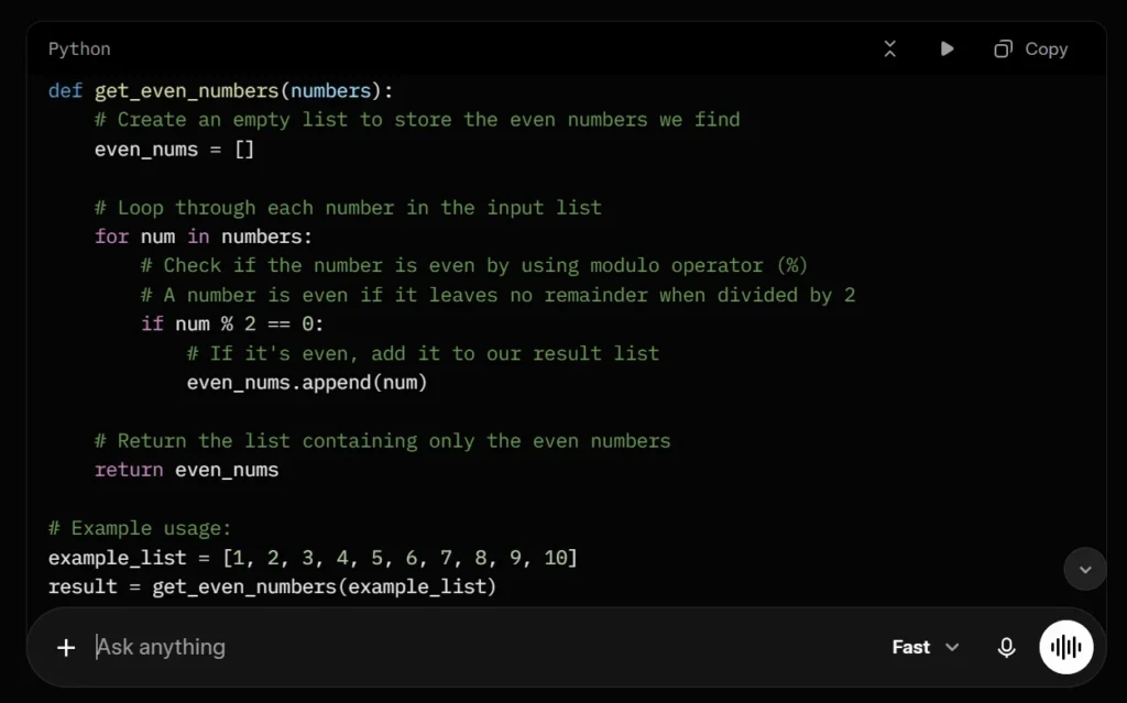 Grok writing a Python even numbers function showing a formatting issue where Pythondef appeared joined