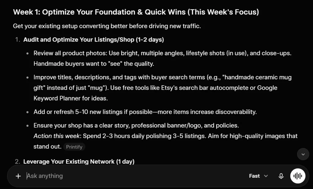 Grok free plan response showing a 30-day sales plan covering social media email and customer outreach