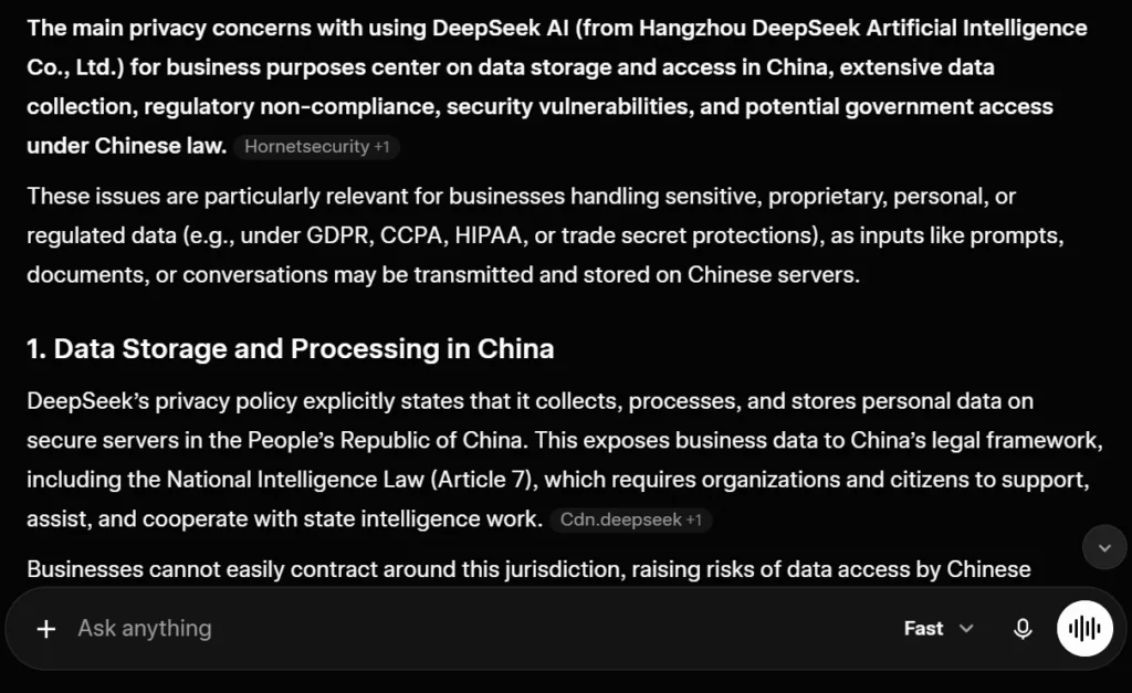 Grok explaining DeepSeek privacy concerns for businesses including data collection and compliance risks