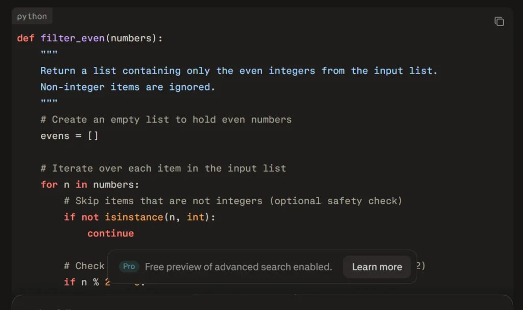 Perplexity AI writing a Python even numbers function with an unrequested non-integer check added