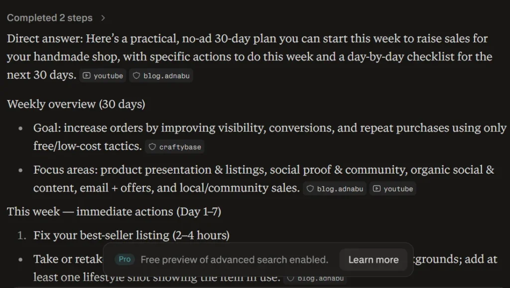 Perplexity AI response to a 30-day sales plan prompt showing ready-to-use message templates and unexpected location assumption