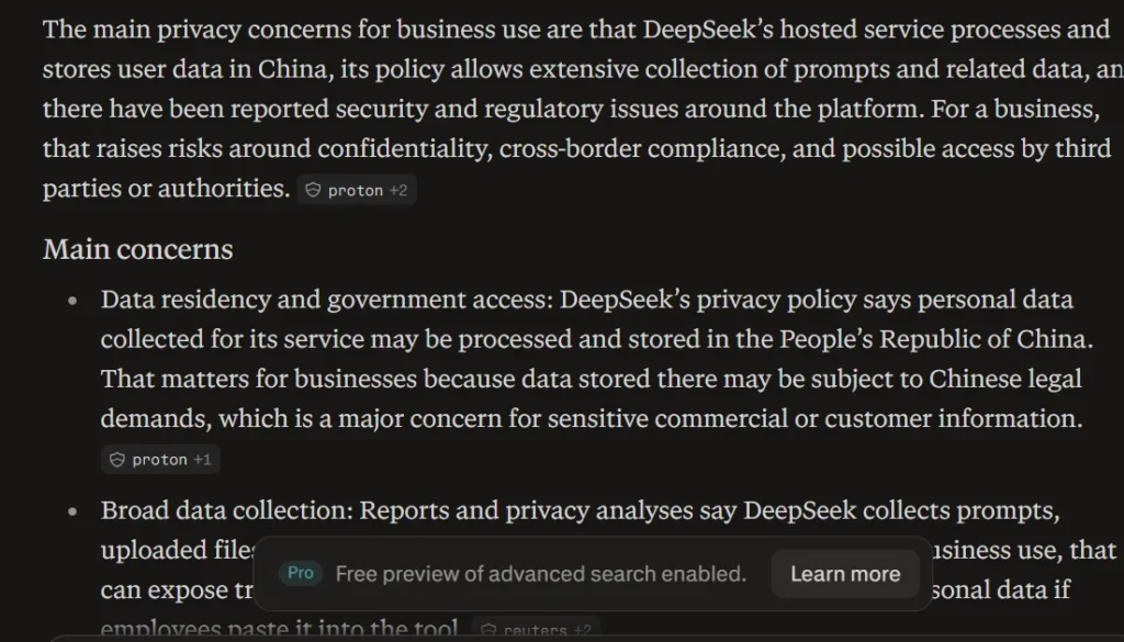 Perplexity AI listing DeepSeek business privacy risks with source names but without direct links