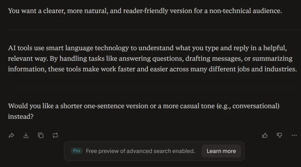 Perplexity AI simplifying a technical paragraph into natural readable language