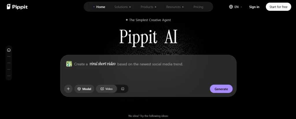 Pippit AI dashboard showing video creation tools and content generator interface for marketers