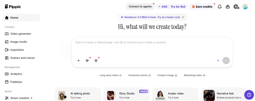Pippit AI short-form video creator interface