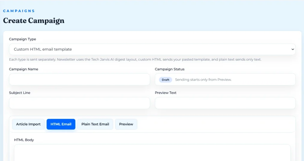 Campaign section showing HTML newsletter and plain-text campaign options