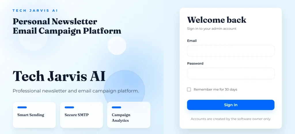 Tech Jarvis AI email marketing platform — homepage and admin login